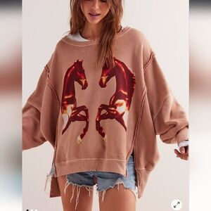 Nwt. Free People Camden Brown Horse Graphic Sweatshirt